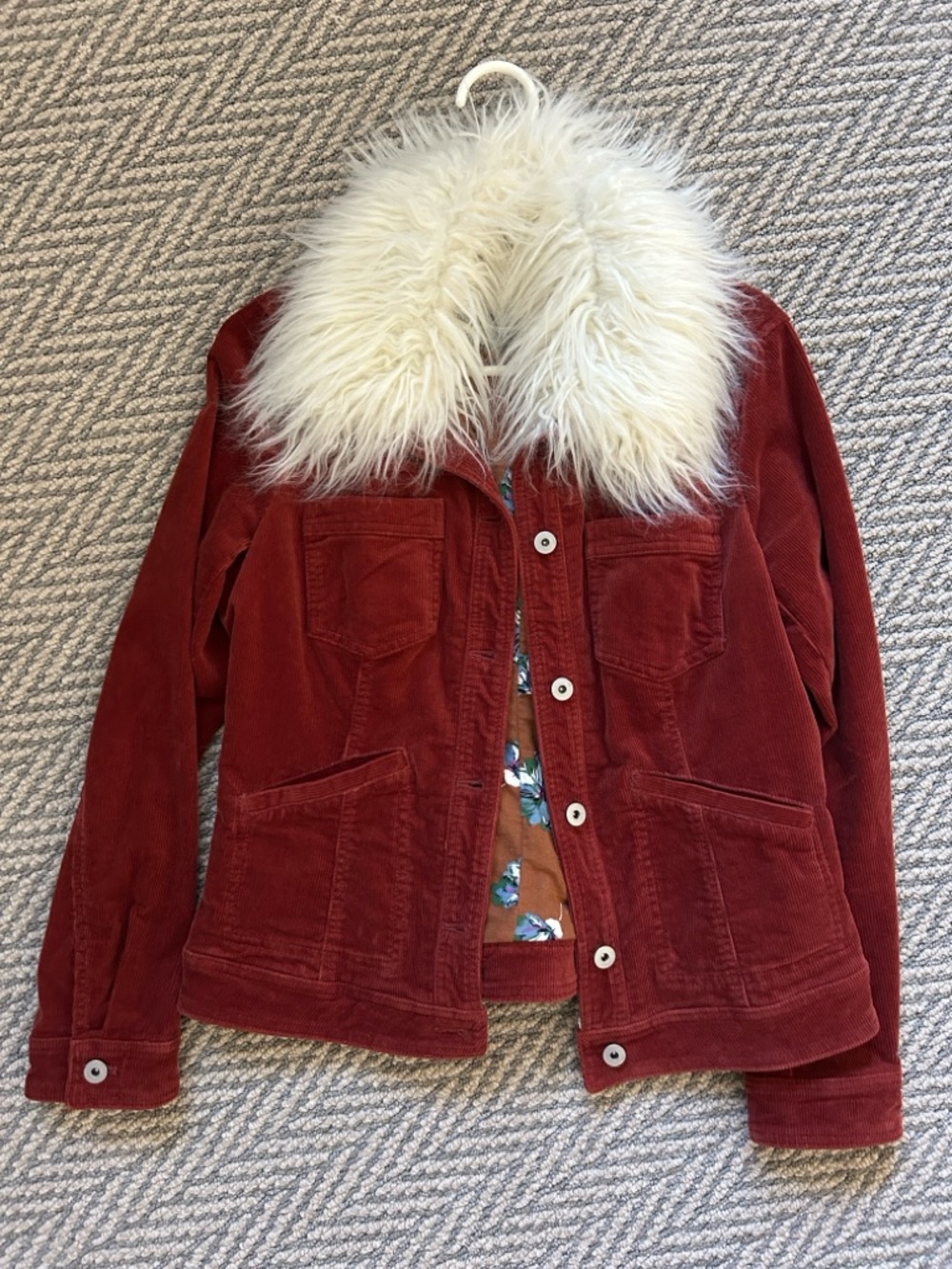 Anthropologie Rust Red Corduroy Jacket with Cream Faux Fur Collar